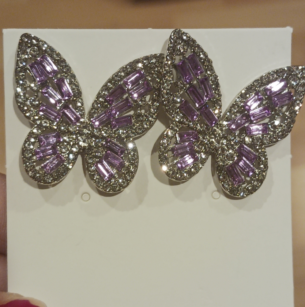 Purple Rhinestone Butterfly Earrings
